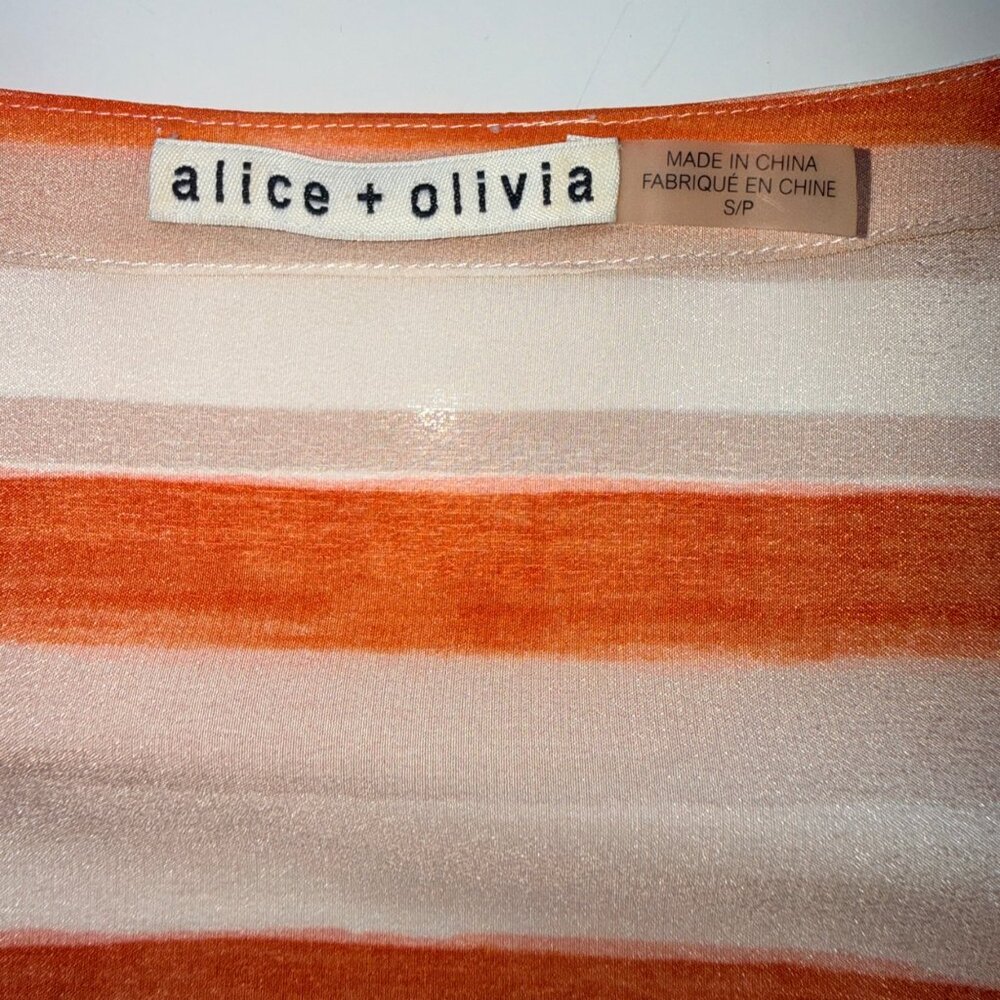 ALICE + OLIVIA Button Front Womens S Orange Cream Striped Silk 3/4 Sleeve Top - Picture 5 of 8